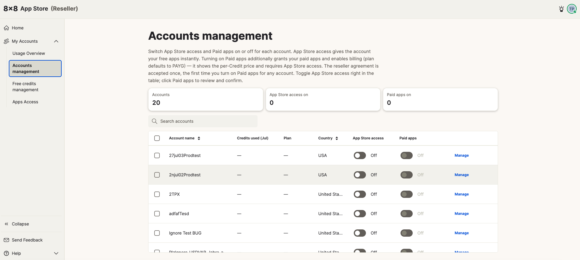 Accounts management page with all accounts at Off/Off