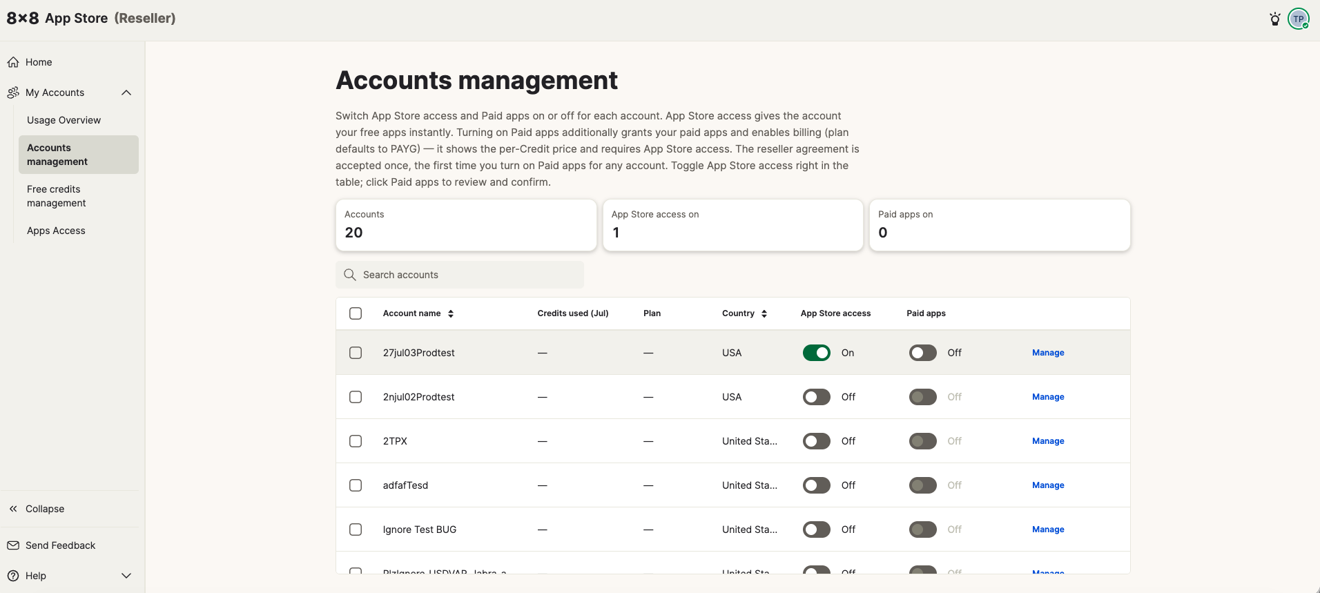 One account with App Store access toggled On