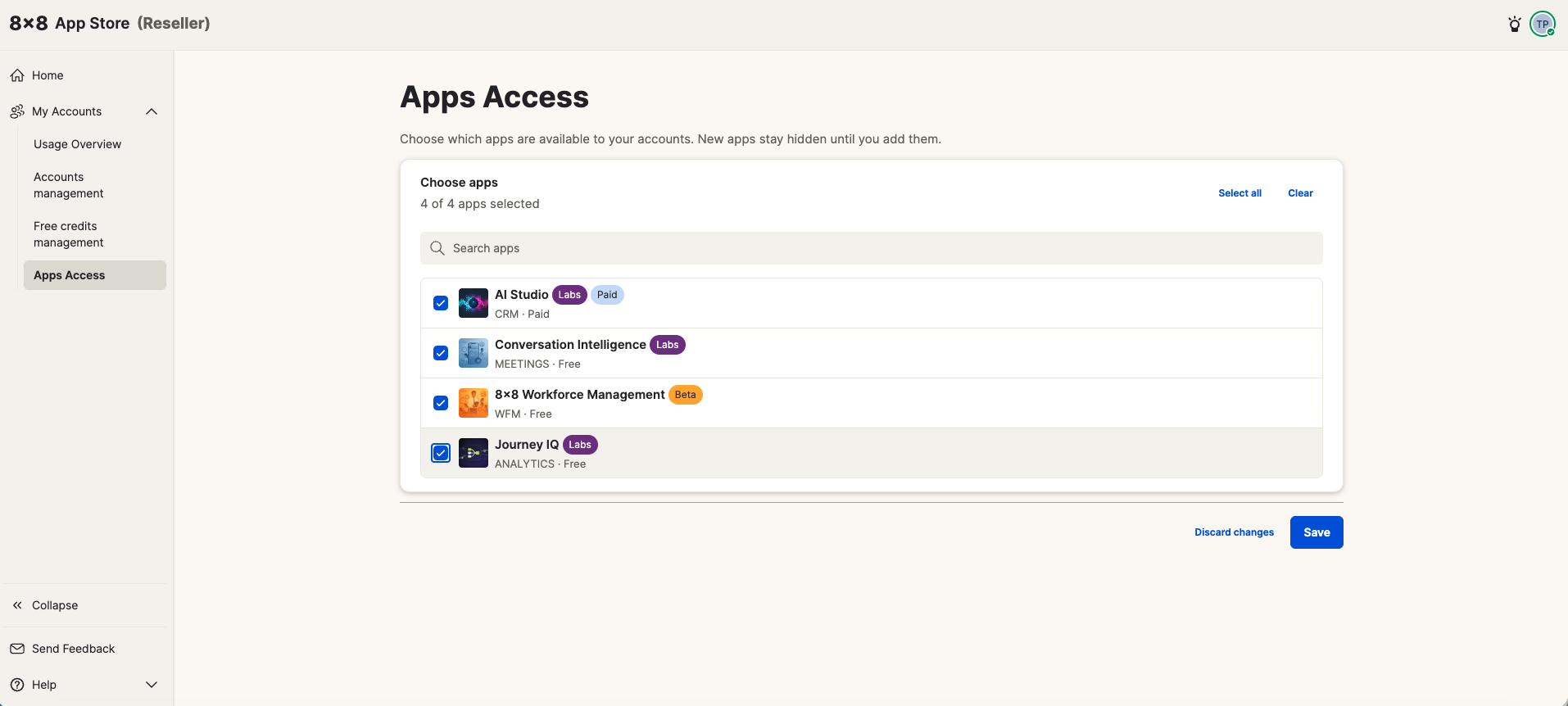 Apps Access page with all 4 apps selected