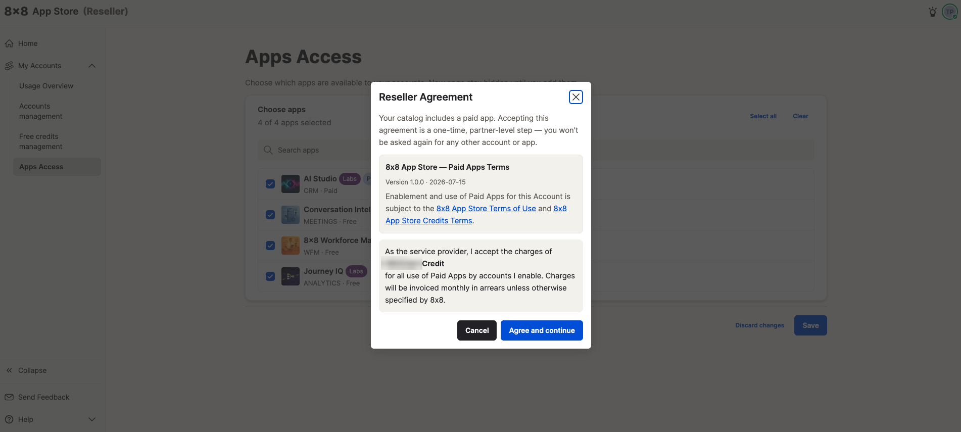 Reseller Agreement modal showing the per-credit rate