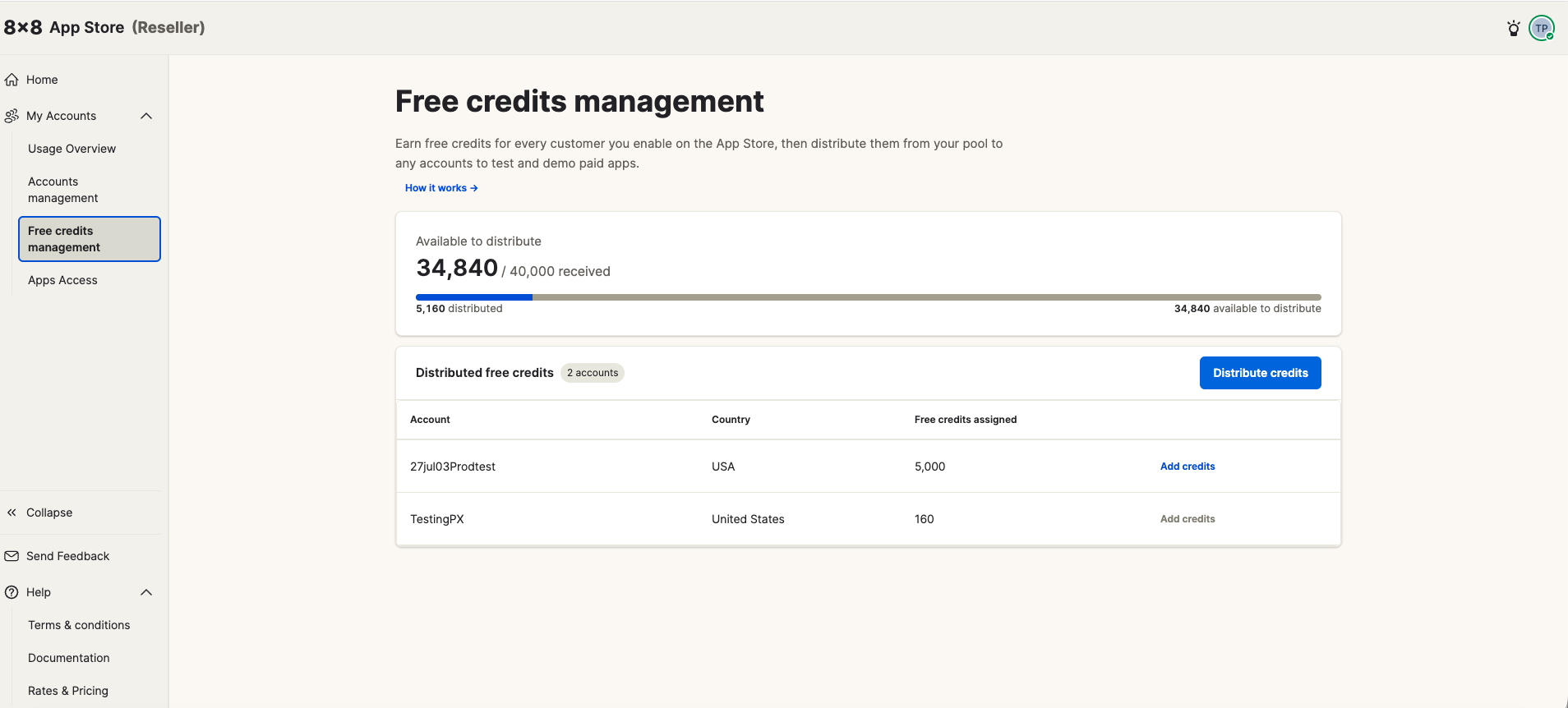 Free credits management overview showing pool balance