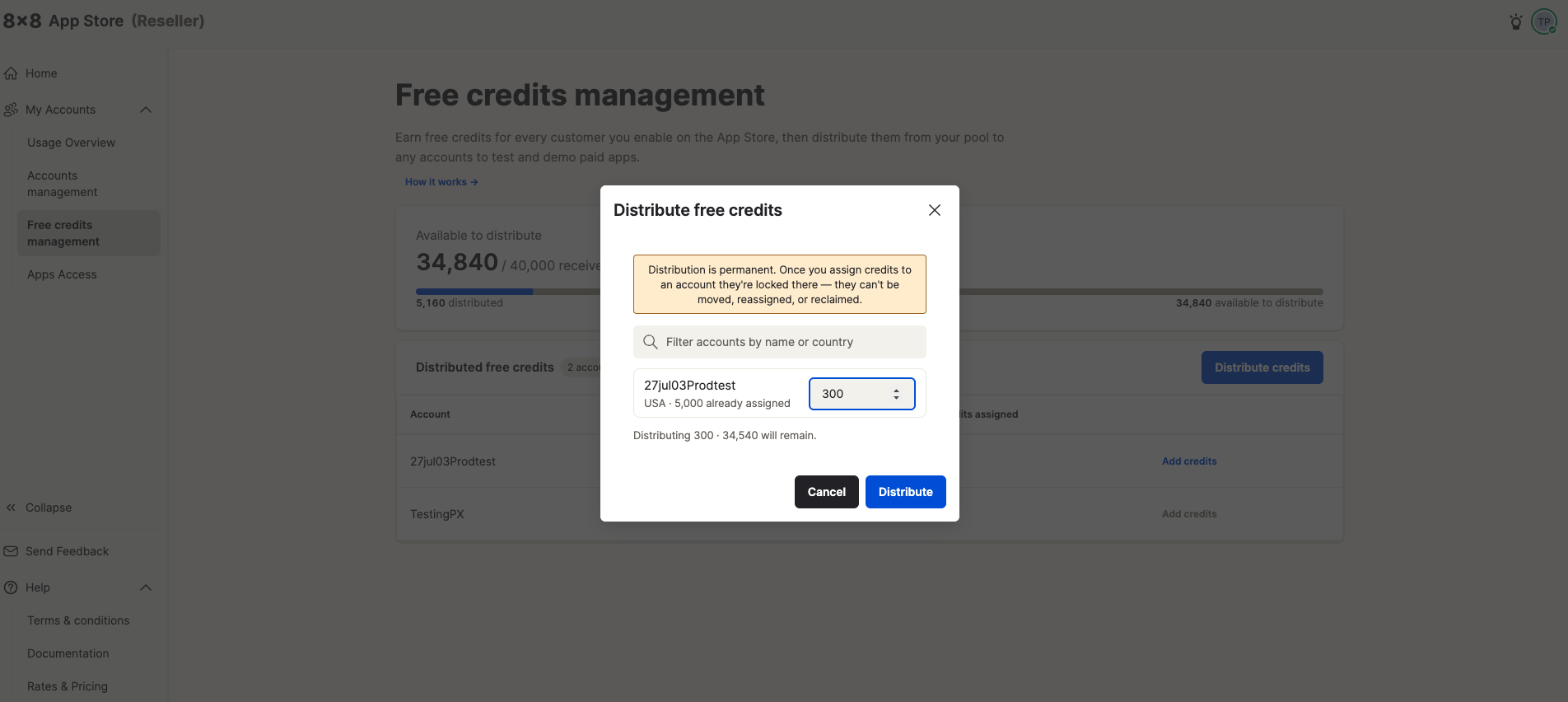 Distribute credits modal showing 300 credits being added to an account