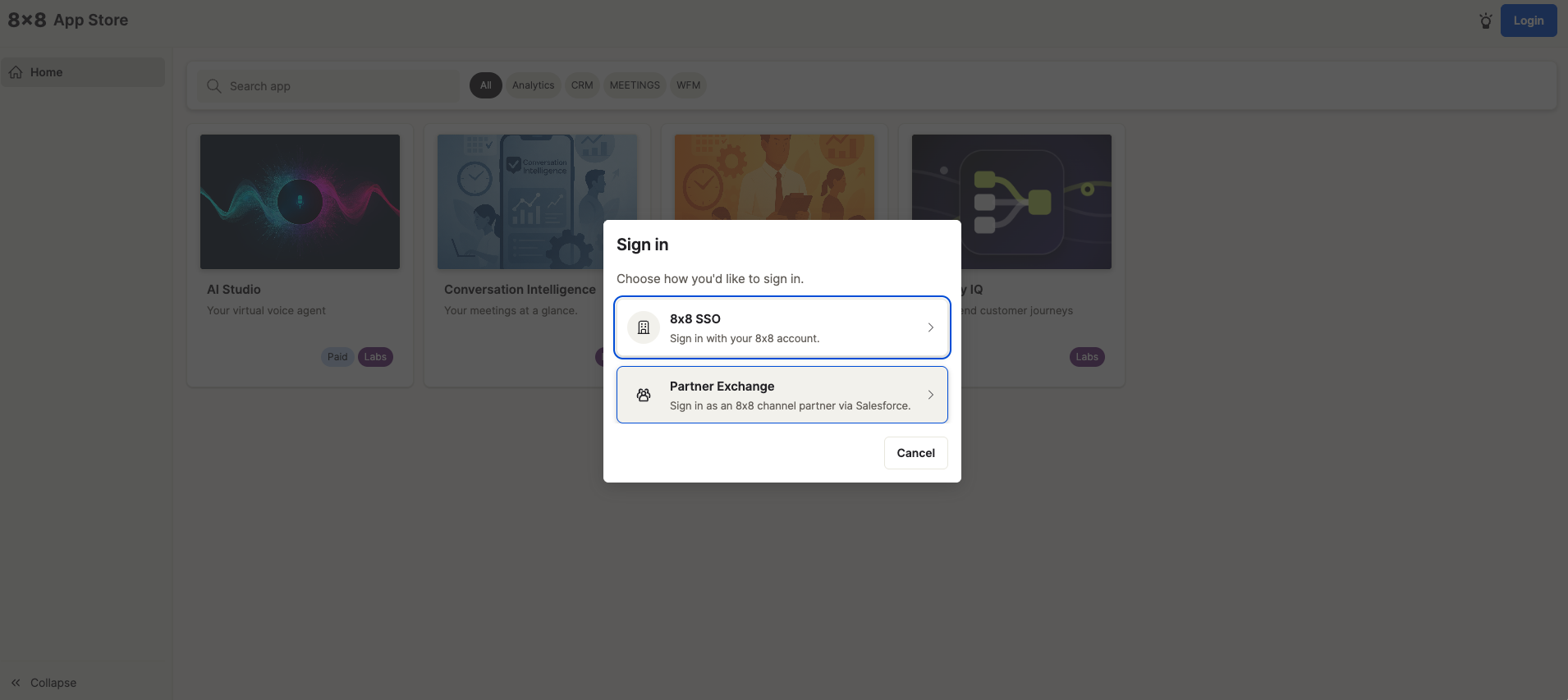 Sign in dialog showing 8x8 SSO and Partner Exchange options